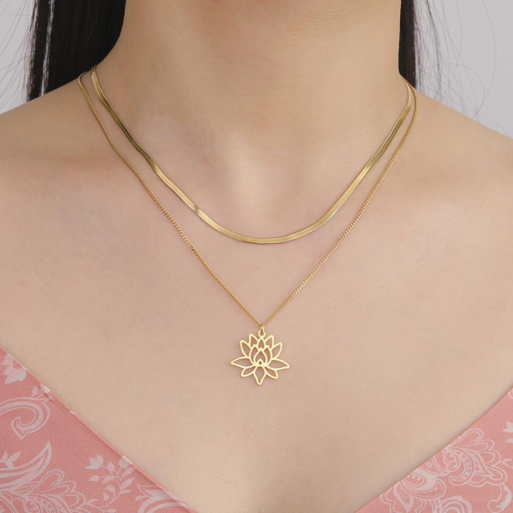Teamer Lotusblume Anhänger Halskette Edelstahl Yoga Buddhismus Amulett Schmuck für Frauen Doppellagige Perlenkette Geschenk