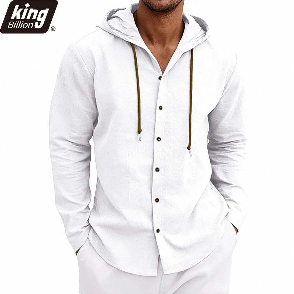 

Men s Linen Blend Hooded Button-Up Shirt - Long Sleeve Drawstring Hood Casual Loose Fit Beach Vacation Top in Solid Beige XXL білий