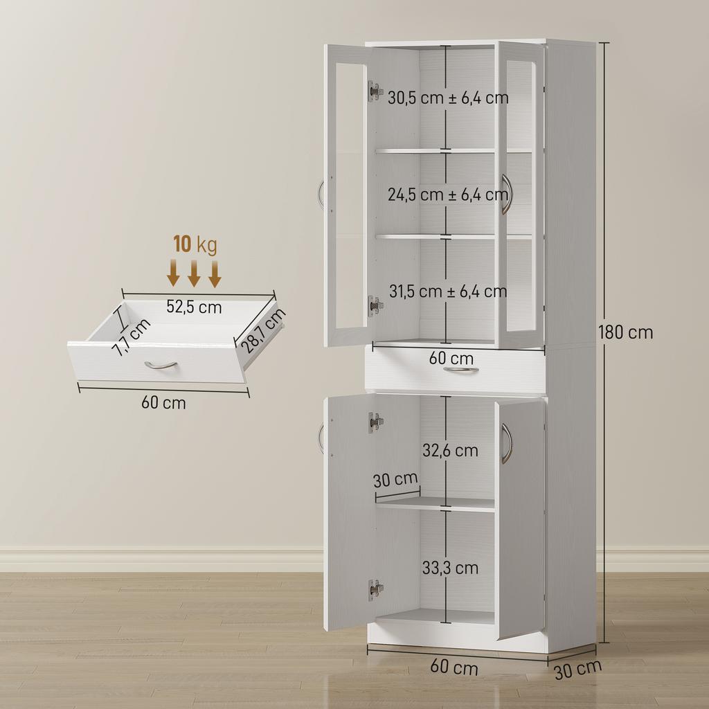 Mobile da Cucina Credenza con Ripiano Regolabile Cassetto 2 Ante Armadio Alto con Porta in Vetro 60 x 35 x 180 cm Bianco