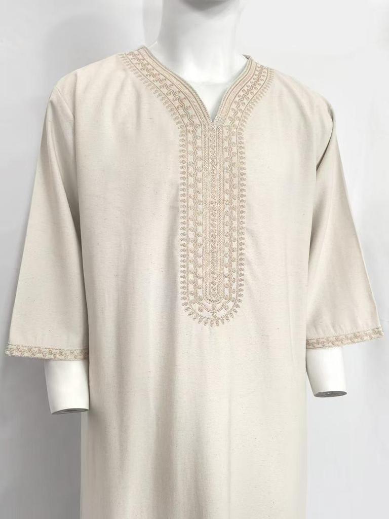 2025 Premium Heren Thobe met Borduurwerk en Zakken, Korte Mouwen