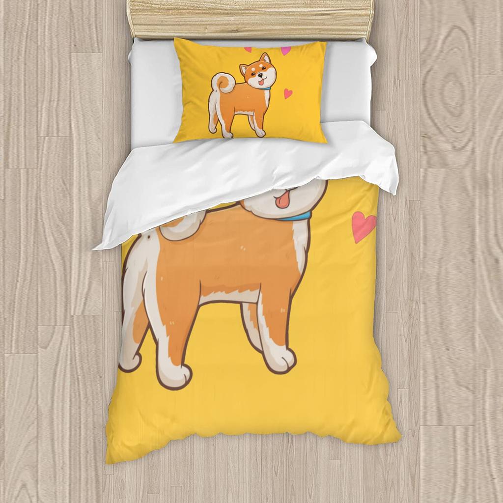 Cartoon Shiba Inu King Queen Bedding Set Yellow Pet Puppy Duvet Cover Cherry Blossoms Tree Quilt Cover Polyester Comforter Cover