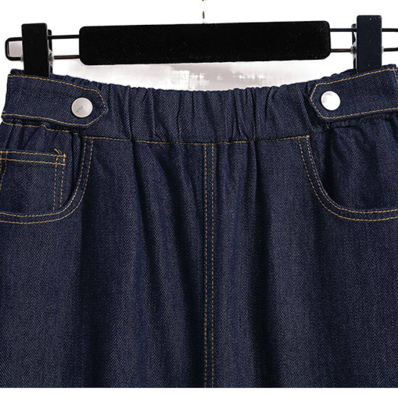 Damen Sommer Übergröße Einfarbig Elastisch Denim A-Linien Röcke Elegant Blau Vintage Halbkörperrock