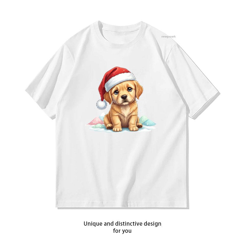 Adorable Plush Golden Retriever Puppy in Christmas Dog Tshirt Woman Man Casual Cotton Graphic T Shirts Creative Streetwear S