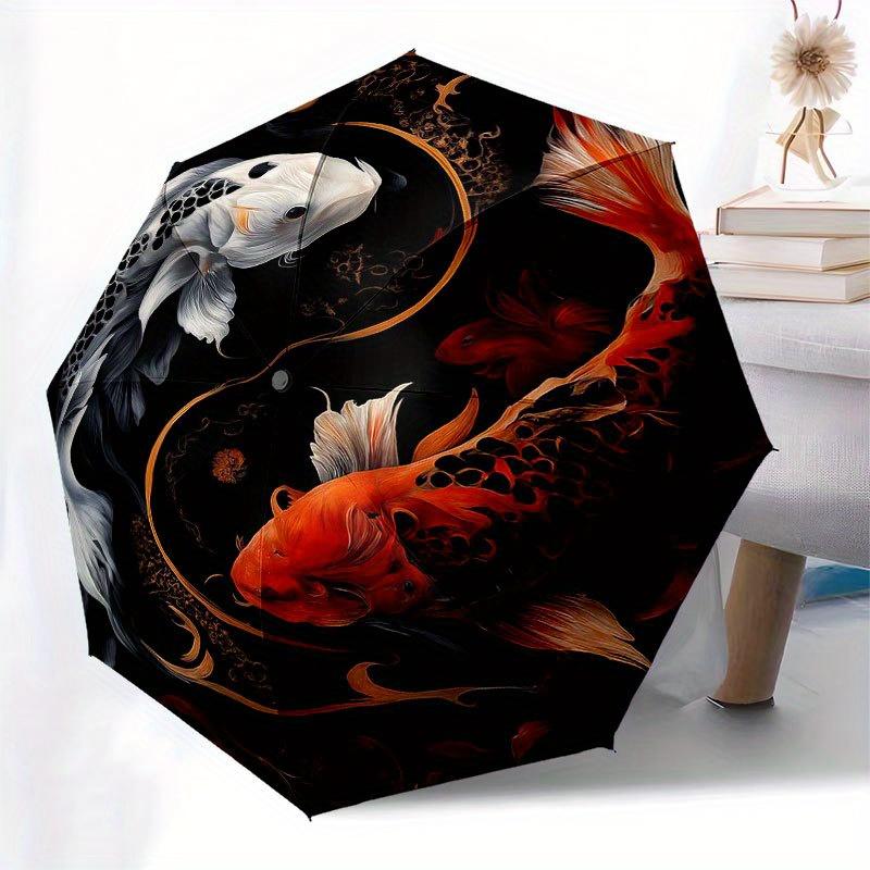 Yin Yang Koi Fish Umbrella - Automatic Open/Close Compact 3-Fold design, Asian-Inspired Symbolic harmony of black/white/Red/Or
