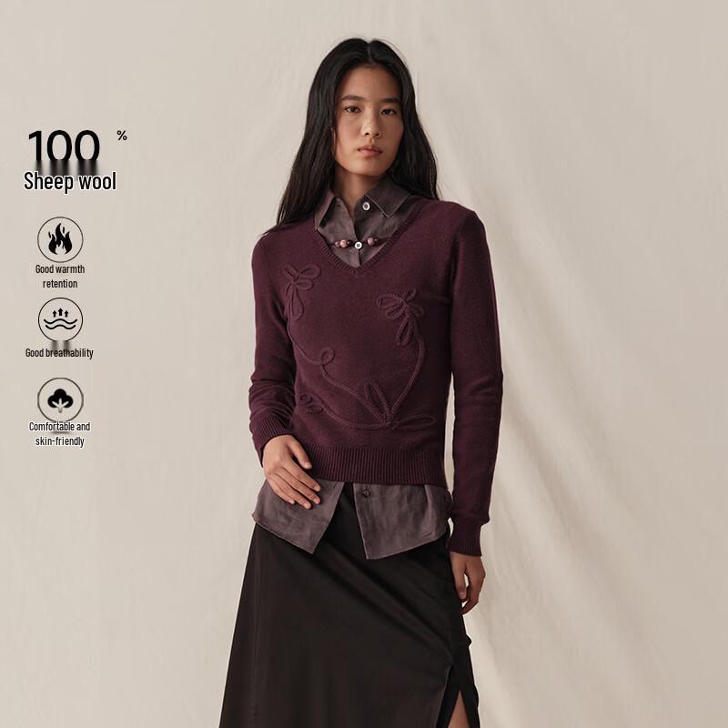 GREEN BELT Women's 100% Wool Beaded V-Neck Sweater