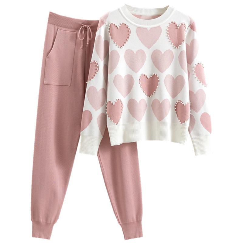 Love Printed Knit Two Peice Set Women Long Sleeve Sweater Pullover Tops Suits Casual Jogger Pants Knitwear Korean Sets
