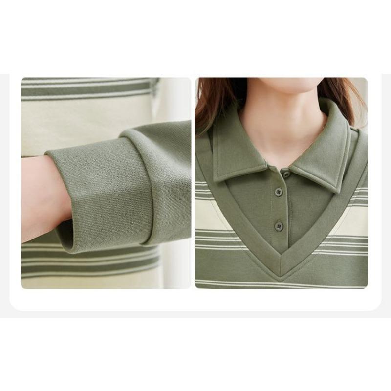 Women's Olive Green Stripe Knit Sweater Polo Collar Long Sleeve Loose Fit Casual Top