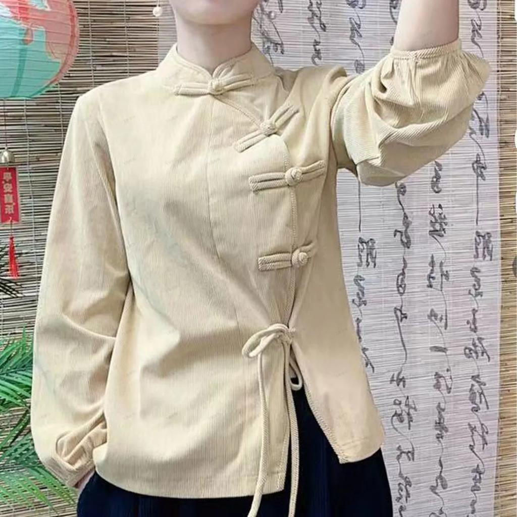 Women's Vintage Corduroy Shirt with Slanted Collar In Solid Color Chinese Literary Style Top