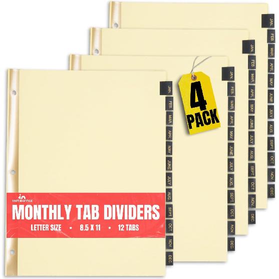 1InTheOffice Monthly Tab Dividers, Month Tabs for 3 Ring Binder, Monthly Leather Dividers, 12-Tab, Black, (4 Pack)