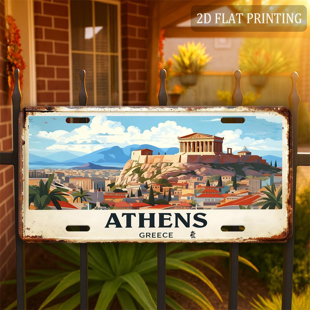 D Flat Pc Vintage Metal Athens Greece Aluminum Sign Outdoor Wall Decor Suitable for Gardens And Patios Travel Souvenirs