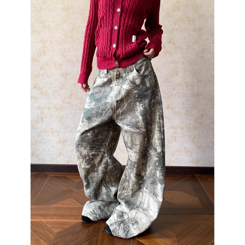 Vintage Washed Embroidered Letter Tree Camo Denim Wide Leg Cargo Pants Men Women Streetwear Loose Fit