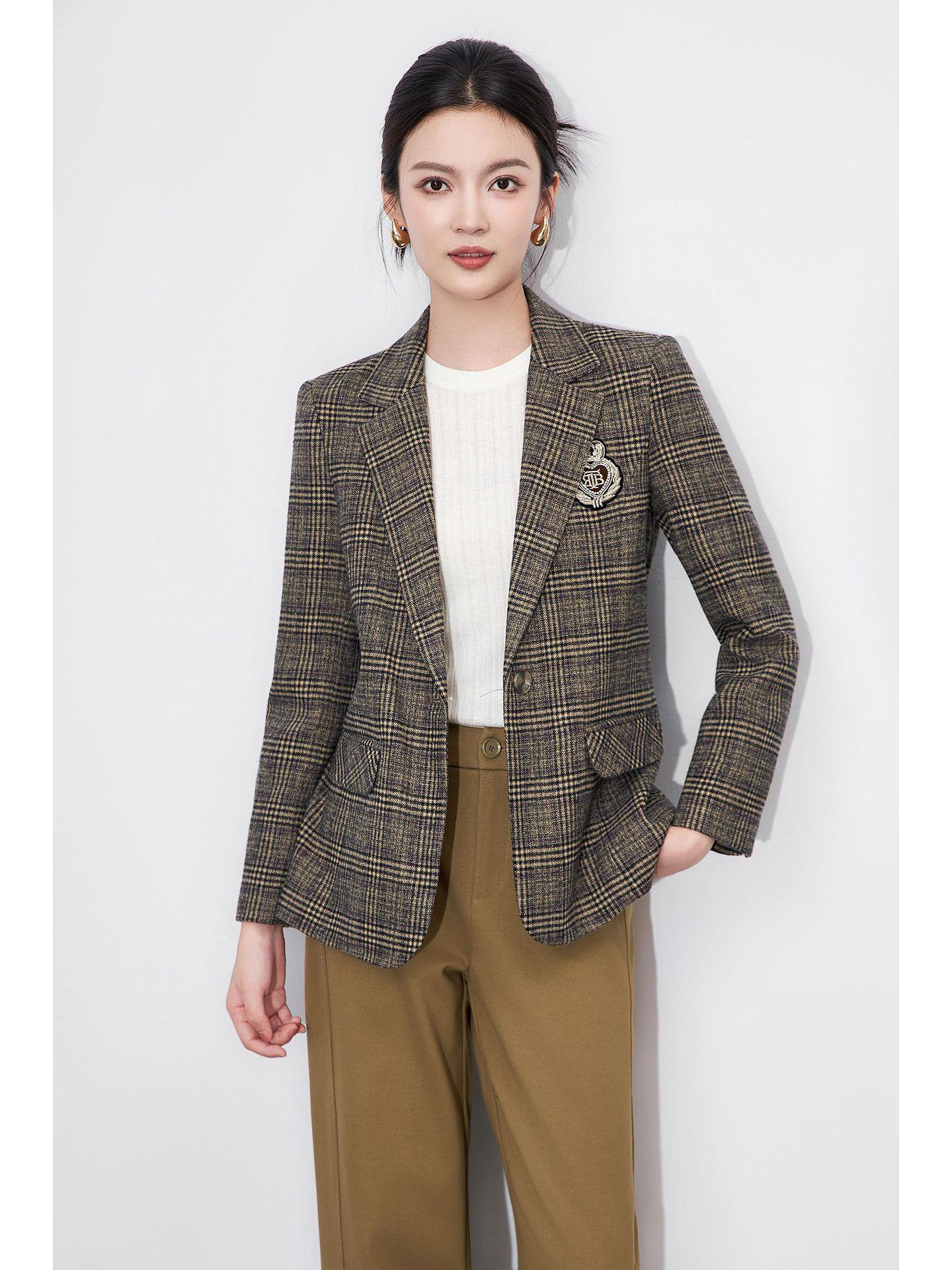 

Women s Autumn Retro Plaid Brushed Suit Jacket Double Extra Large