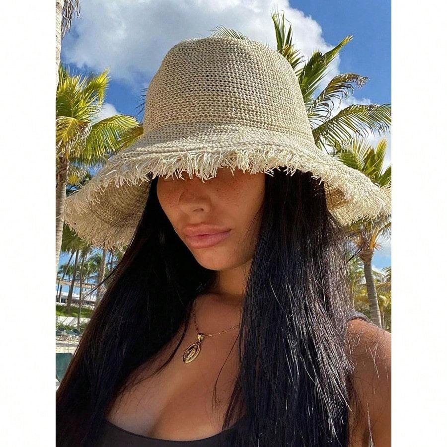 

1pc Women s Straw Hat, Large Brim Sun Hat For Beach, Travel, Vacation, UV Protection, Spring/Summer бежевый