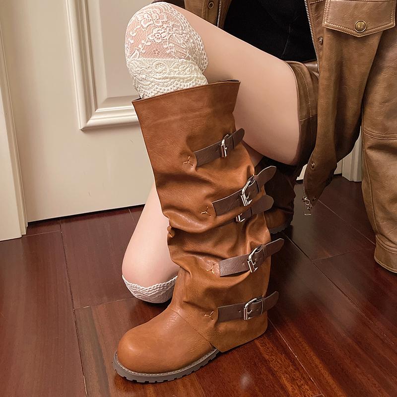 Fashion New Style Fashionable Romance Knight Boots Women's Chunky Heel Mid-Calf Western Cowboy Boots Eepskin Leather Boots Zapatos Mujer