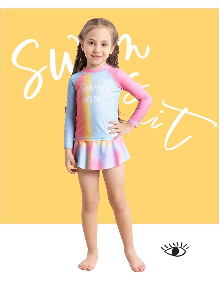 Girl's Gradient Long-Sleeve Two-Piece Swimsuit Set (2025)