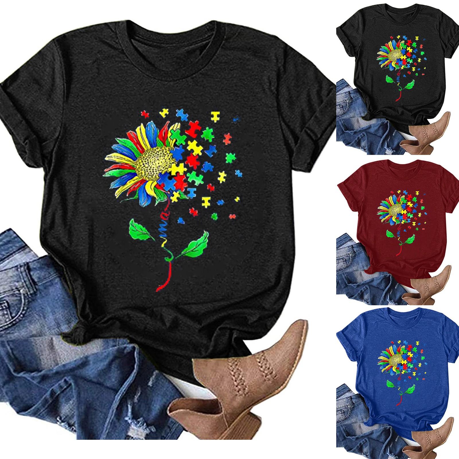 

Женские топы, повседневные футболки с короткими рукавами и рисунком подсолнуха, рубашки для тренировок, блузки