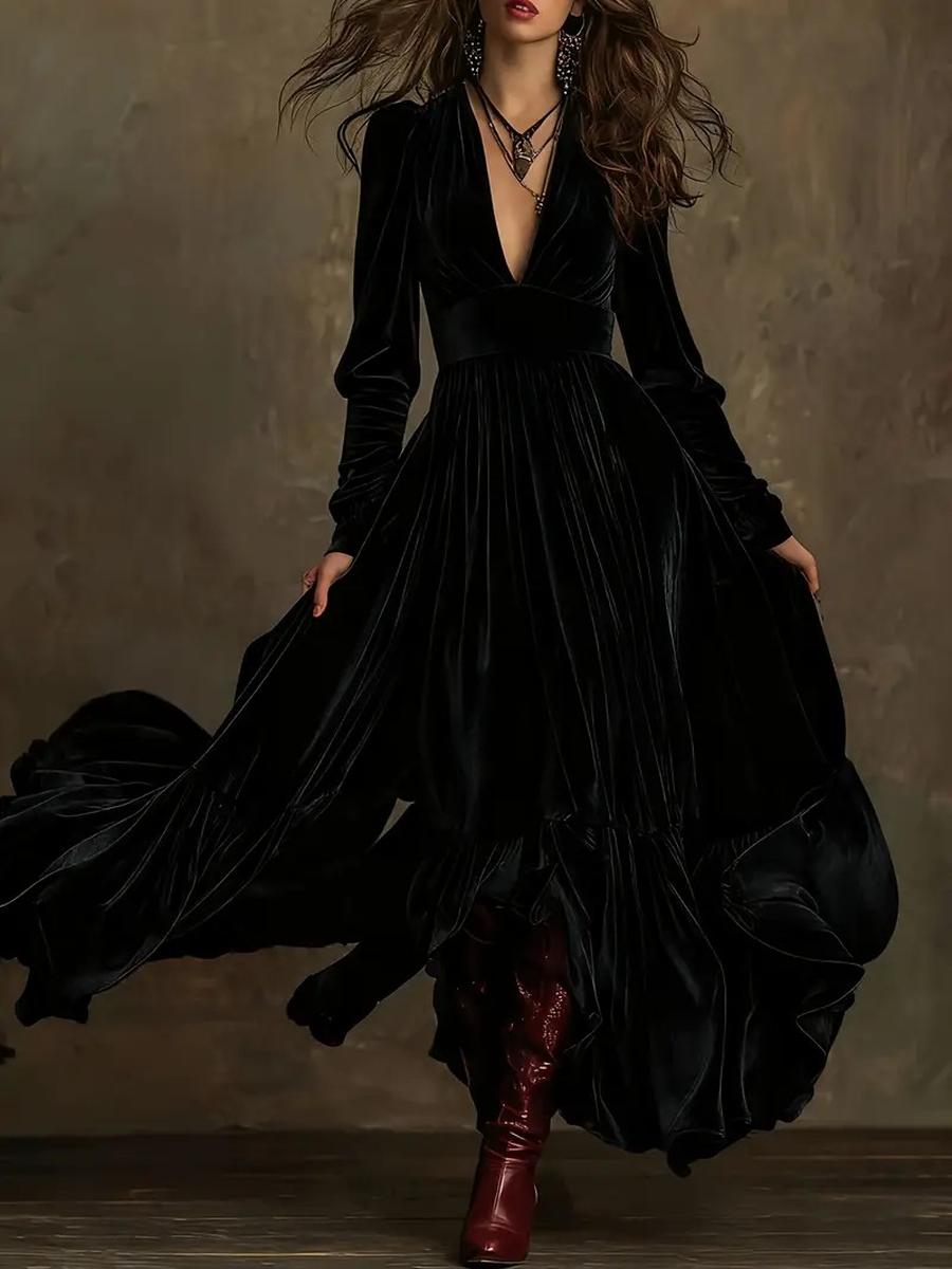 

Оксамитова Жіноча Елегантна Вінтажна Сукня Максі А-силуету Довжини до Підлоги з Глибоким V-подібним Вирізом та Довгими Рукавами XL чорний