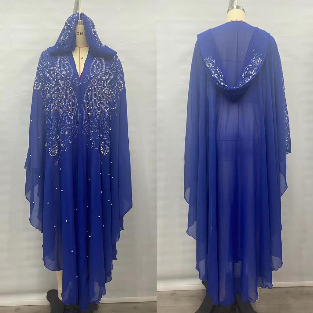 Womne Muslim Dress Embroidered Beads Abaya Dress Muslimah Hooded Robe Chiffon Kaftan Long Dress Middle East Africa Plus Size Maxi Dress