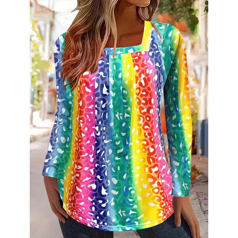 

YYFS Women s Fashion Casual Spring Autumn Colour Block Print Long Sleeve Square Collar Blouses & Shirts XXL