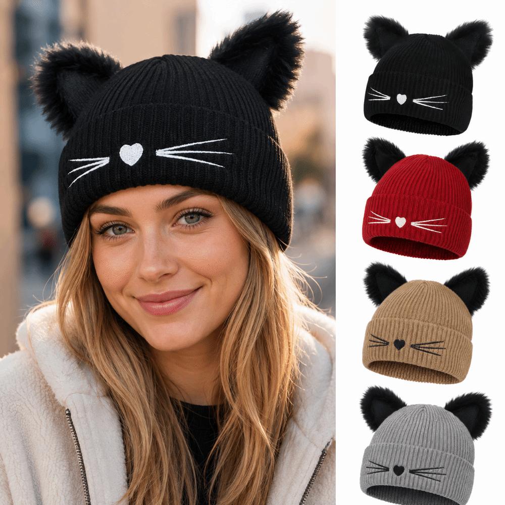 Embroidery Cat Ear Beanie Faux Fur Winter Hat Cute Kawaii Beanie For Women