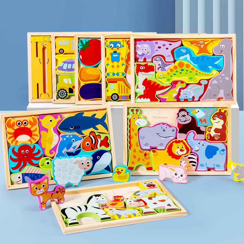 

Children s Wooden Animal & Fruit Educational Puzzle Blocks – 8 Creative Types