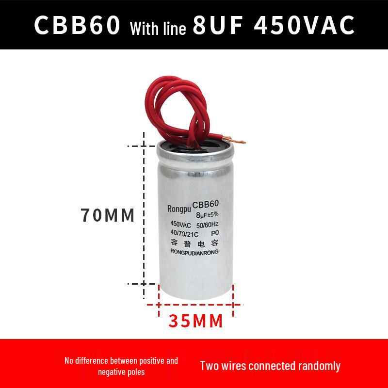 CBB60 Motor Capacitor for Washing Machine, Spin Dryer, Water Pump - 4/6/8/10/12/18UF, 450V Aluminum Case