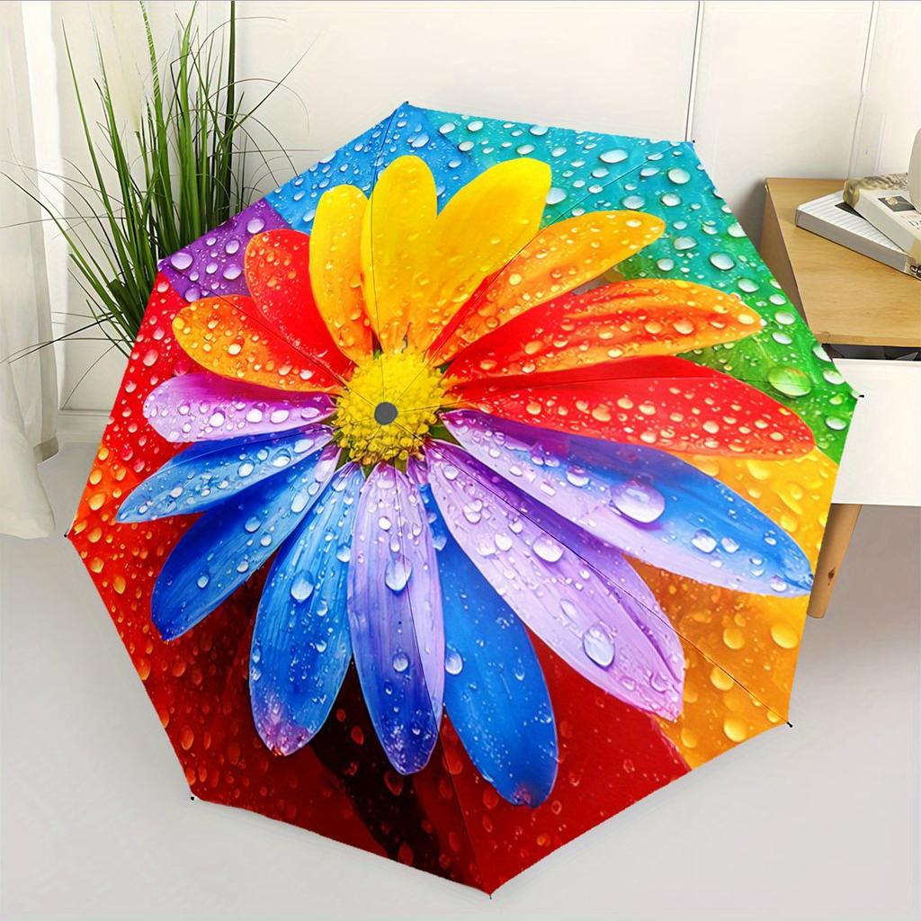 Automatic Folding Umbrella Colorful daisy with water droplets. Portable collapsible design, casual outdoor accessory, Christma