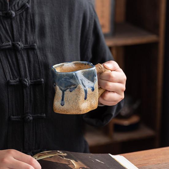 Handmade Ceramic Mug 320ml Vintage Tea Coffee Cup with Rattan Handle Creative Spiral Design Gradient Glaze Drinkware Home Decor Gifts