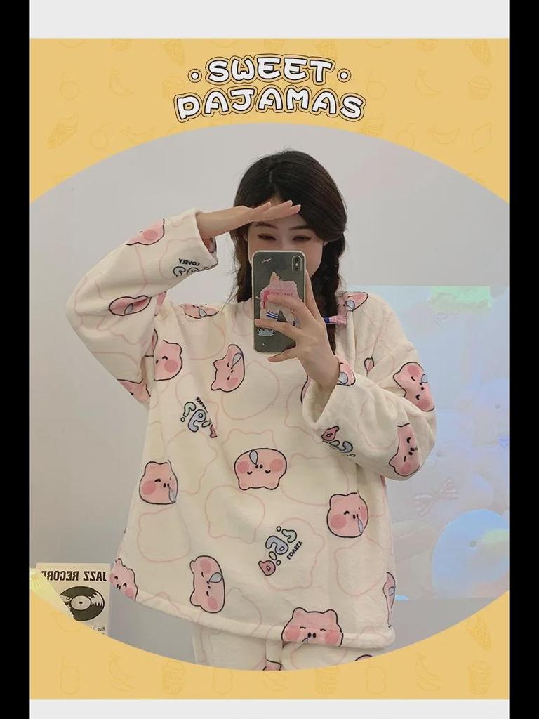 Cozy Coral Fleece Cartoon Pajama Set for Women – Perfect for Autumn and Winter