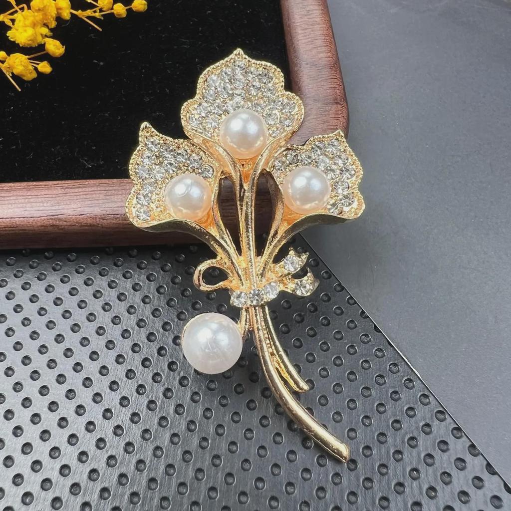 Calla Lily Brooch: Crystal, Diamond & Pearl Corsage Pin with Silk Scarf Buckle Functionality.