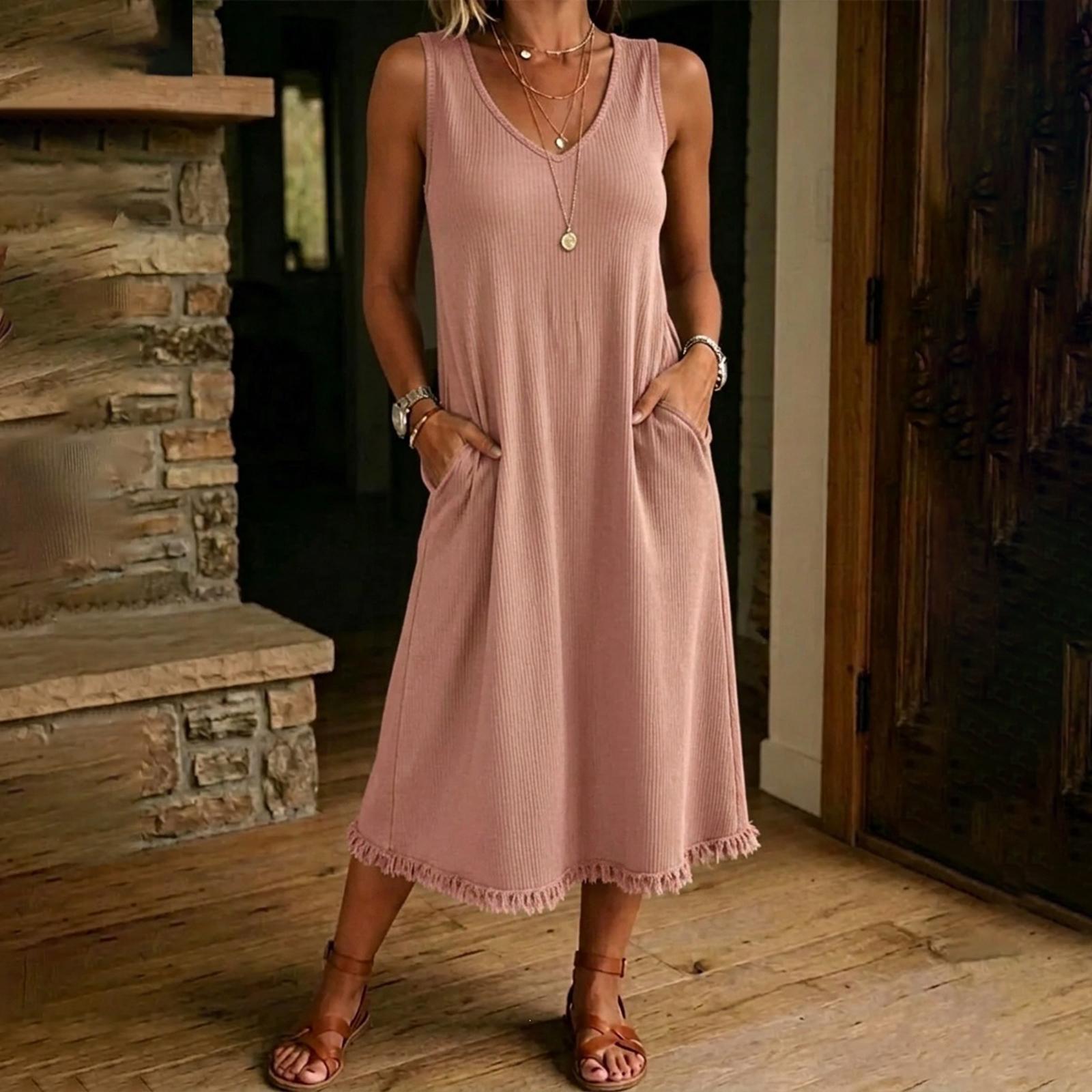 

Sleeveless V Neck Pullover Dress Loose Fit Midi Dress with Pockets Casual Summer Dress for Women XL розовый
