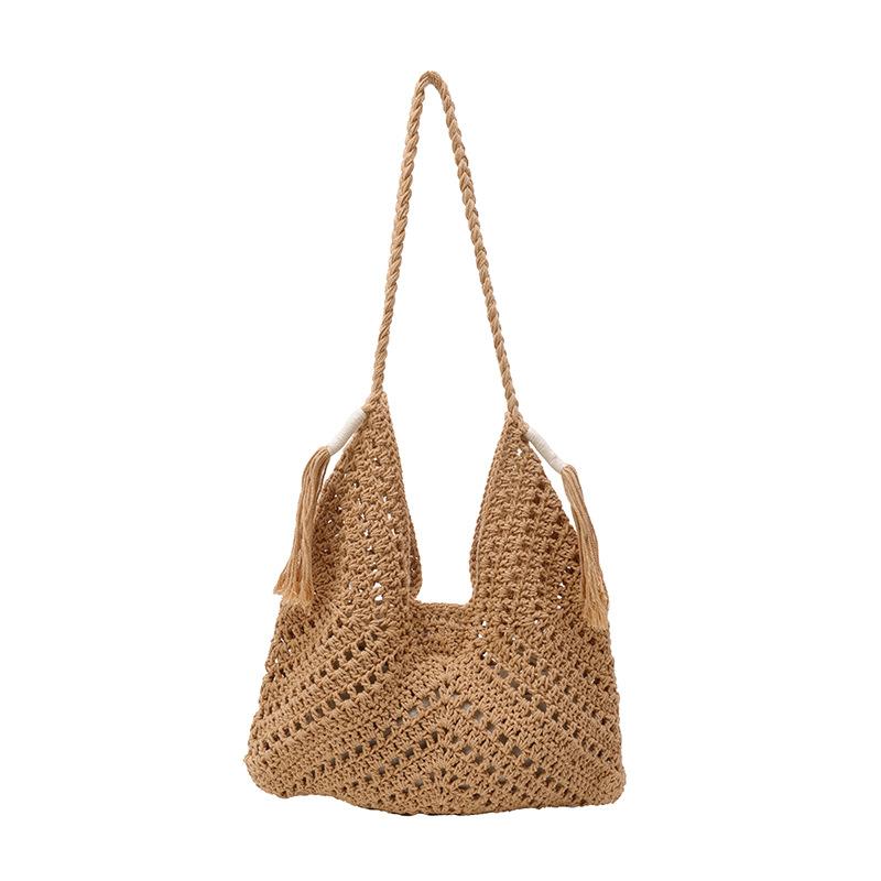 Korean version of beach vacation personalized knitted hollow pattern women s tote bag leisure ethnic style women s shoulder messenger bag хаки
