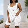 Women Plus Size Blue Floral Printed Scoop Neck Sleeveless Tank Top Fitted Shorts Two Piece Set