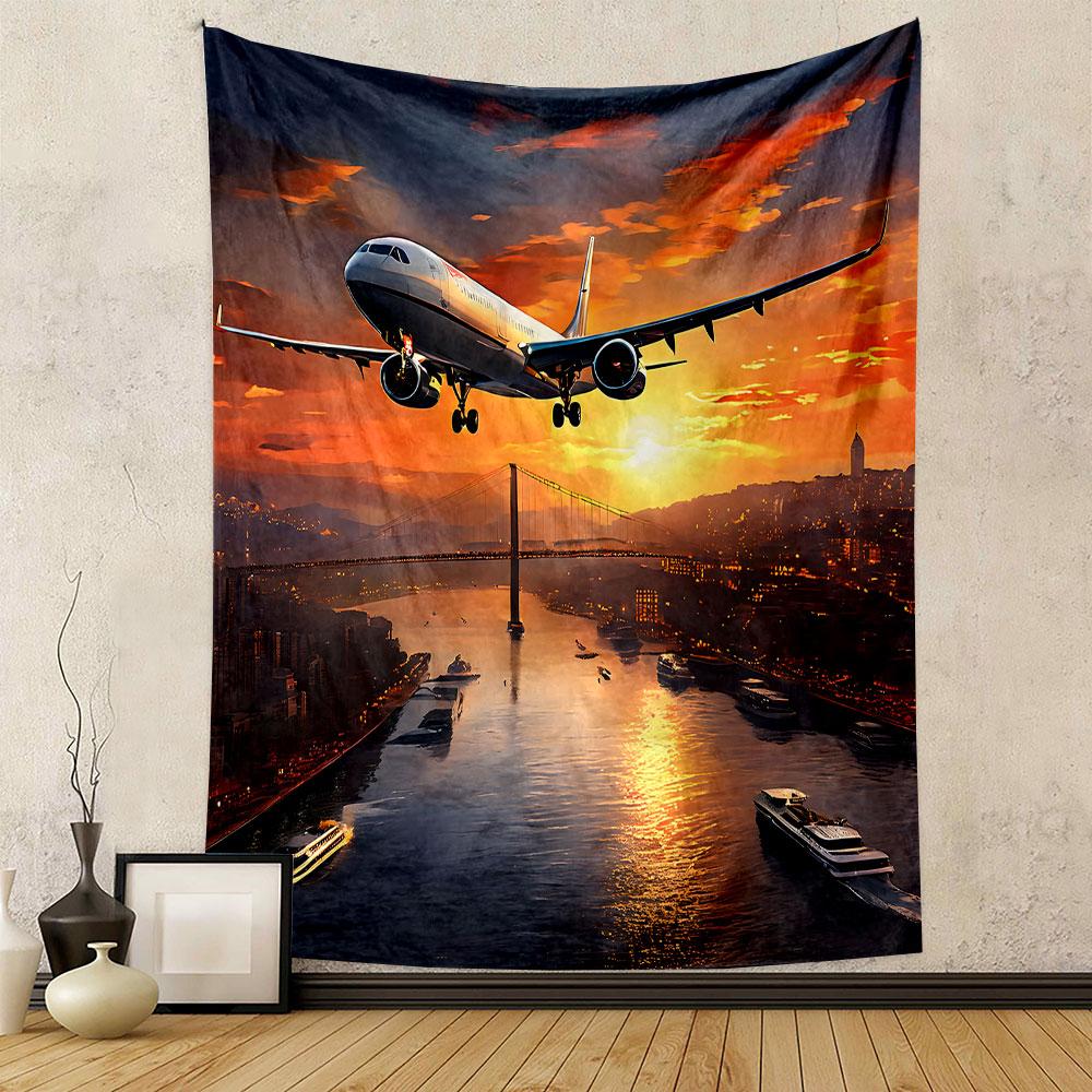 Airplane Flying Over Sunset Cityscape Patterned Tapestry Decorative Wall Hanging, Home Bedroom Living Room Decor