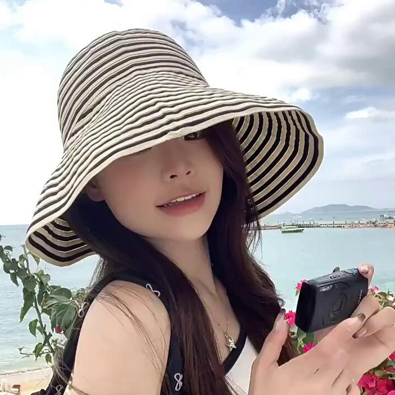 2026 Summer Versatile Foldable Color-Blocked Striped Wide-Brimmed Sun Hat For Beach Vacations And Sun Protection