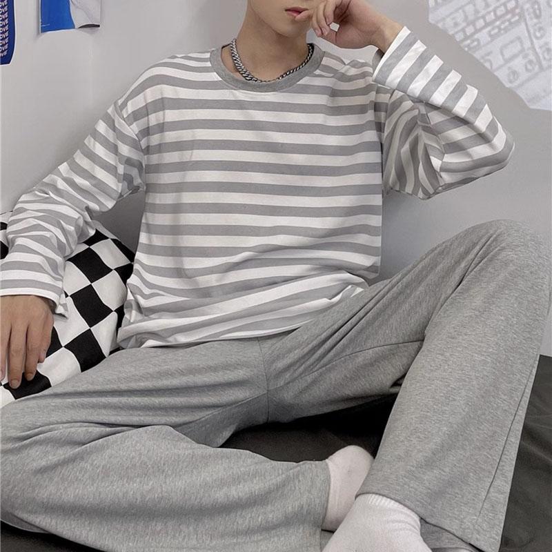 

Хлопковая мужская пижама осень-зима полосатые брюки с длинным рукавом 2 предмета пижама повседневная дышащая домашняя одежда L