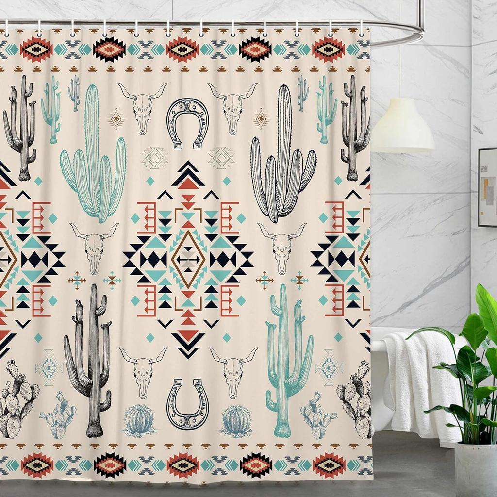 Western Shower Curtain,Abstract Aztec Geometric Southwestern Cactu Skull Bull Bath Accessories Decor, Navajo Native Shower
