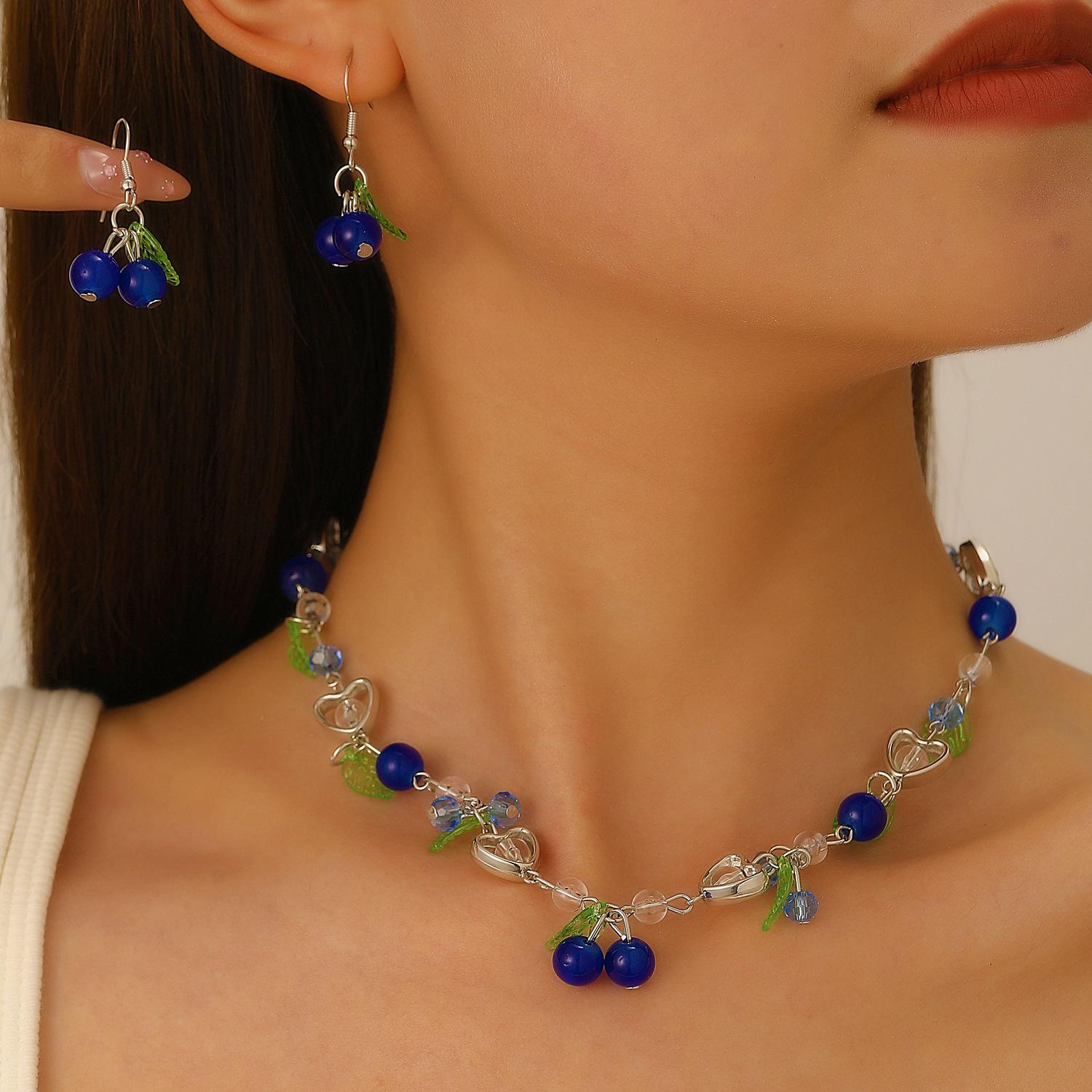 

Summer Blue Cherry Berries Necklace Earring Bijouterie Sets Jewelry Earrings 1 set
