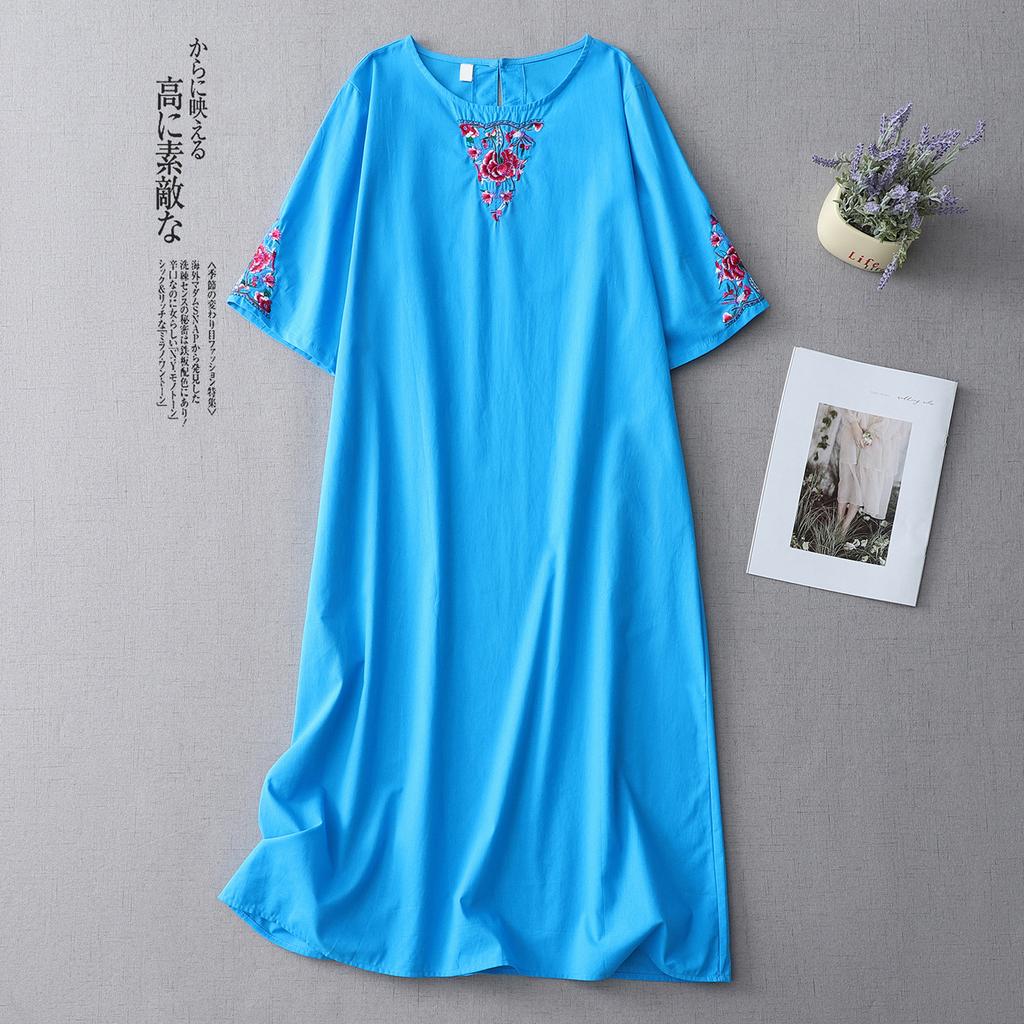 Heavy industry embroidered cotton and linen dress women's 2025 summer new loose and thin round neck five-quarter sleeve temperament medium and long