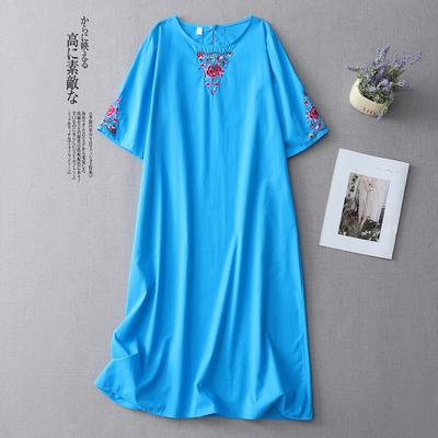 Robe en coton et lin brodé industrie lourde femme 2025 été nouveau ample et fin col rond manches cinq-quarts tempérament mi-longue