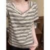 Vintage striped V-neck short-sleeved T-shirt women's summer contrasting colors irregular niche thin shoulder t-shirt
