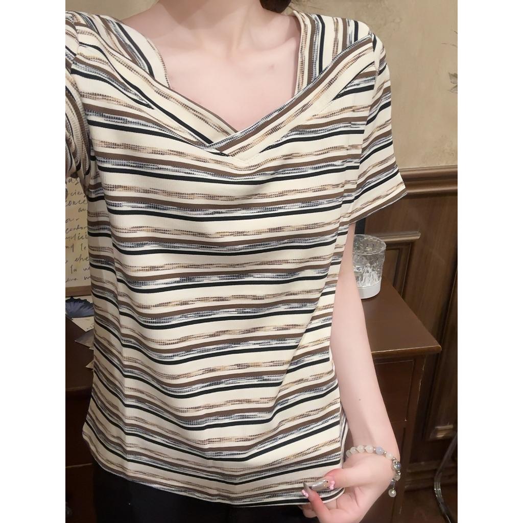 Vintage striped V-neck short-sleeved T-shirt women's summer contrasting colors irregular niche thin shoulder t-shirt