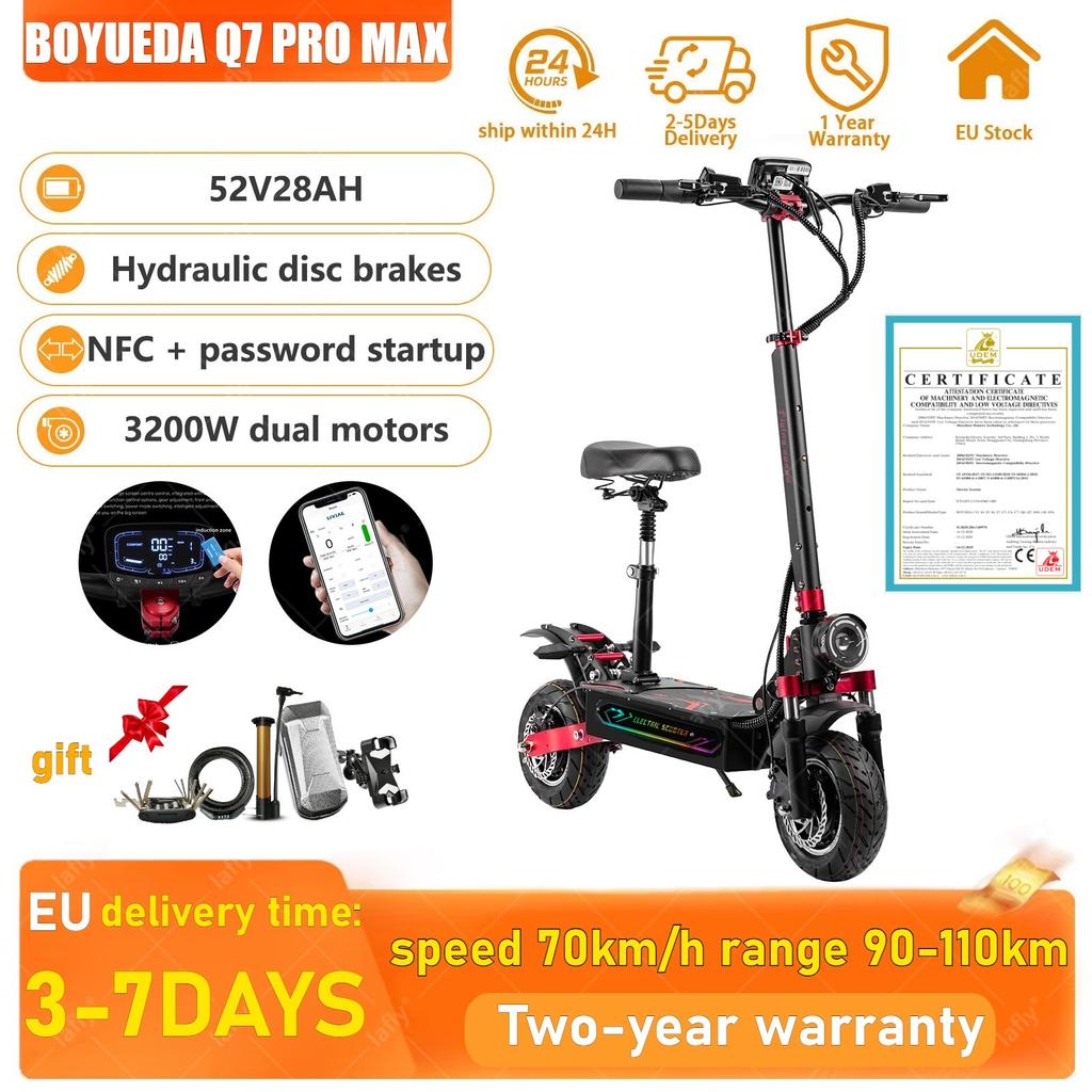 BOYUEDA Q7Pro Max E-Scooter 3200W Dual Motor 52V28AH Battery NFC Activated App Control Escooter Silent Tires Electric Scooter