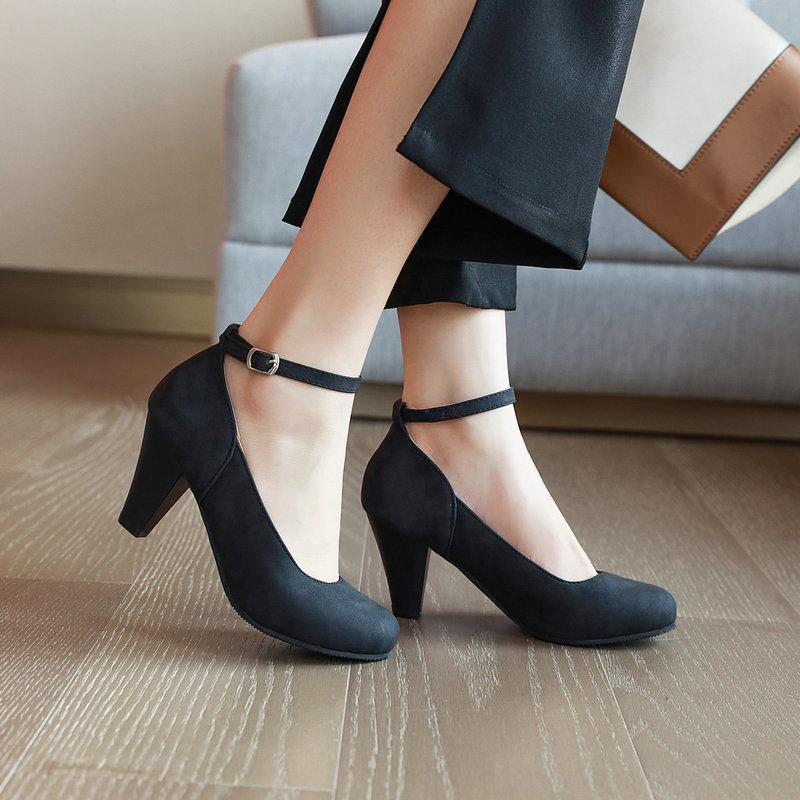 Women High Pumps Ankle Strap Retro Female Thick High Heels Womens Shoes Suede Ladies Black Office Shoes 33-46