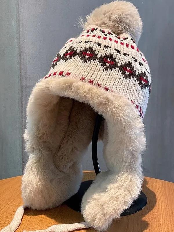 Damen Winter Strickmütze mit Ohrenklappen, Fleece verdickt