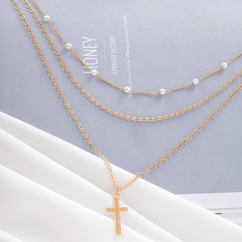 Simple Niche Design Cross Collarbone Chain Neck Chain Geometric Imitation Pearl Retro Stacked Necklace