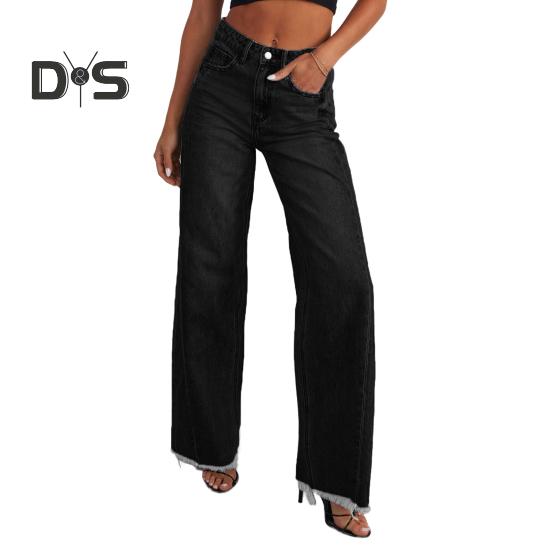 

Женские эластичные джинсовые брюки с высокой талией, широкие джинсы, повседневные прямые джинсы с необработанным краем и карманами S чёрный