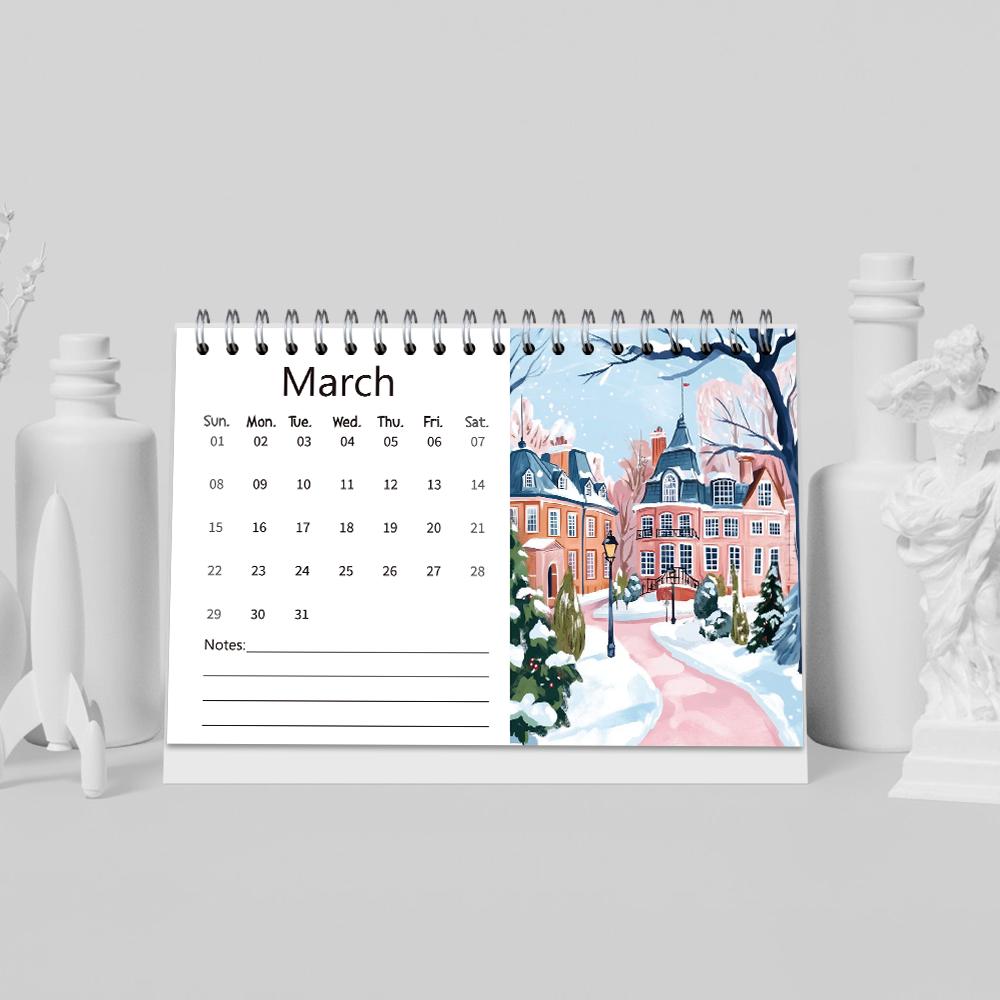 1pc, 2026 Hand-Painted Travel Desk Calendar, Landscape Series, 12Designs, Desk Calendar (Suitable As) Birthday, Christmas, Gifts