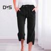 Damen Cropped-Hose, elastischer Kordelzug in der Taille, lässiges Design mit lockerem Bein, Freizeithose, einfarbig, lockere Passform, Hose mit mittlerer Wade