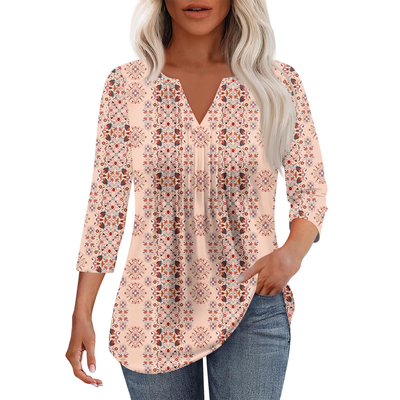 

Женская модная повседневная плиссированная футболка с V-образным вырезом и рукавом семь четвертей L розовый